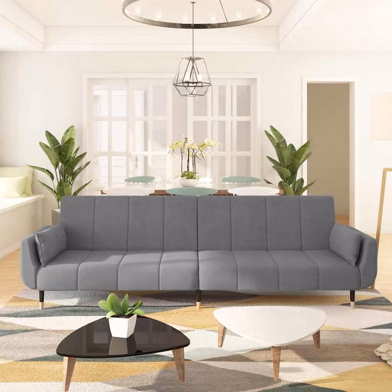 vidaXL Divano Letto Click-Clack a 2 Posti in Velluto Grigio con Cuscini e Poggiatesta Regolabile L/P/H: 220 x 100 x 84,5 cm