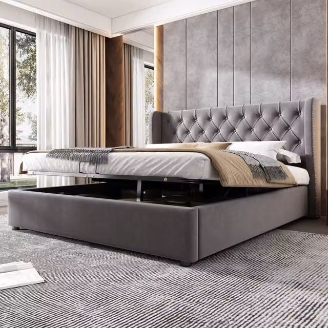 Letto orecchio bottoni – 140x200 cm – idraulico rete contenitore – velluto grigio