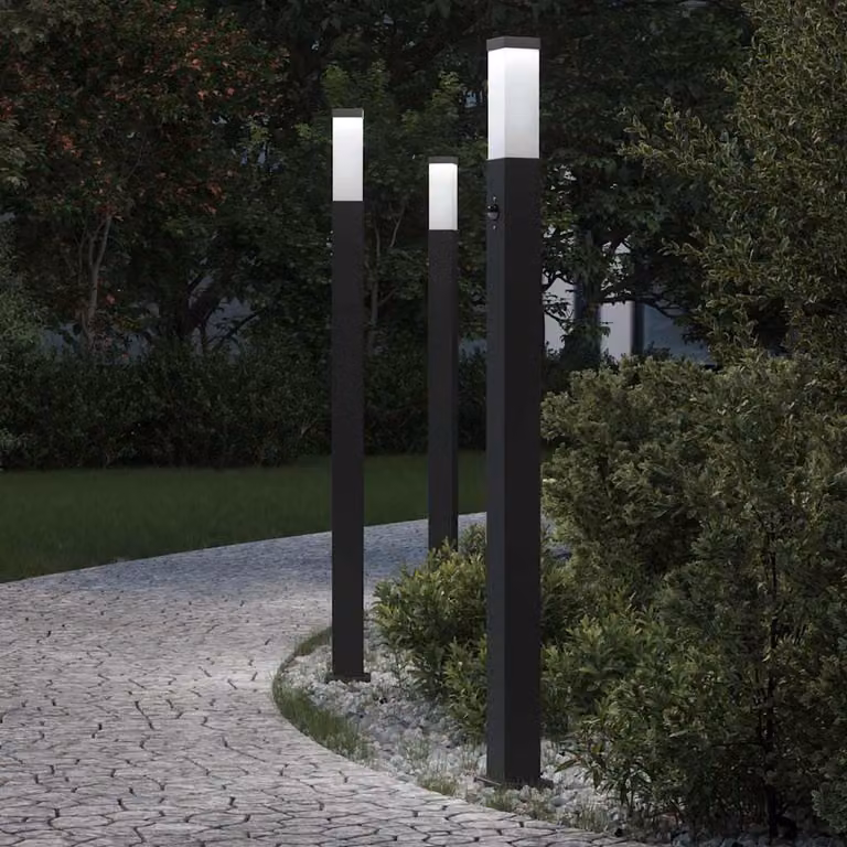 Set di 3 lampioni a paletto vidaXL con sensore di movimento, colore nero, IP44, Altezza: 110 cm
