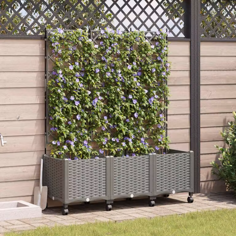 Set di 3 vasi da giardino con grigliato e ruote vidaXL in plastica Grigio Chiaro