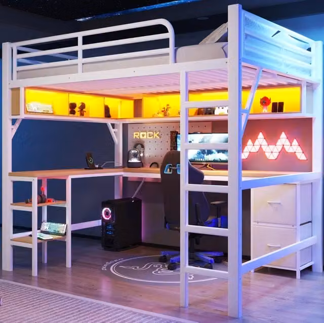 Letto a soppalco 140x200 cm bianco con scrivania, scaffali, LED e ricarica
