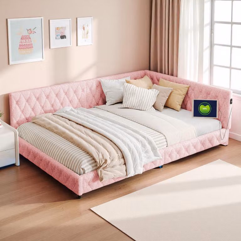 Letto imbottito INONEFT, divano letto 140x200 cm, con porte USB di tipo C, letto per ragazzi 140x200 cm con striscia LED integrata, rivestito in tessuto tipo "teddy", colore rosa
