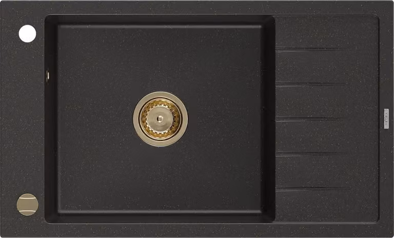 Mexen Elias lavello in granito a 1 vasca con scolapiatti 795 x 480 mm, nero/oro metallico, sifone dorato - 6511791005-75-G