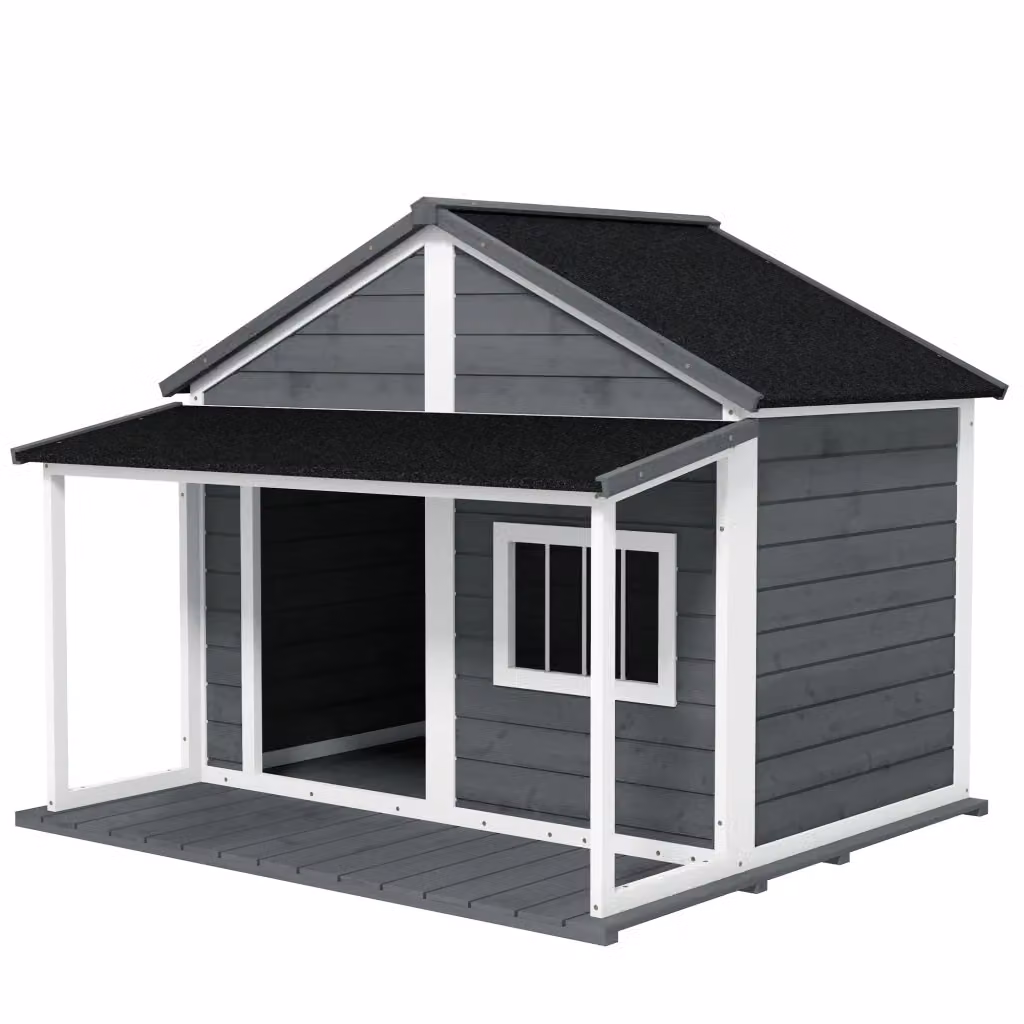 Cuccia per cani da esterno DESIGN IN in legno di abete con terrazza e tetto impermeabile, L: 112 cm, P: 112 cm, H: 105 cm, Grigio – 2