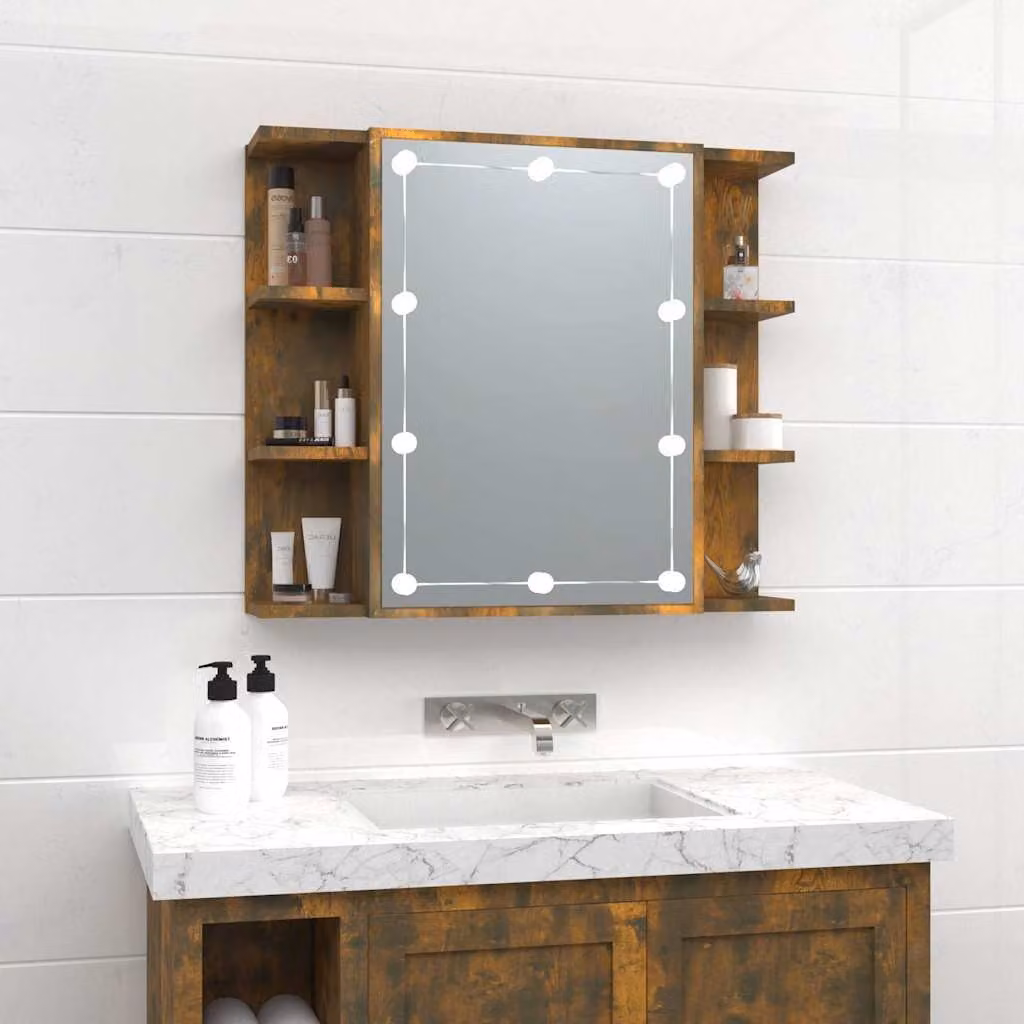 Armadietto da bagno con specchio e illuminazione LED vidaXL in rovere fumo, L: 70 cm, P: 16,5 cm, H: 60 cm