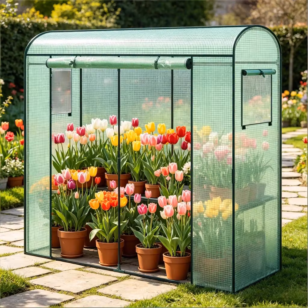 Serra a tunnel OKWISH con tetto curvo, 2 finestre incernierate e copertura in acciaio e PE verde, L: 170 cm, P: 68 cm, H: 200 cm – 2