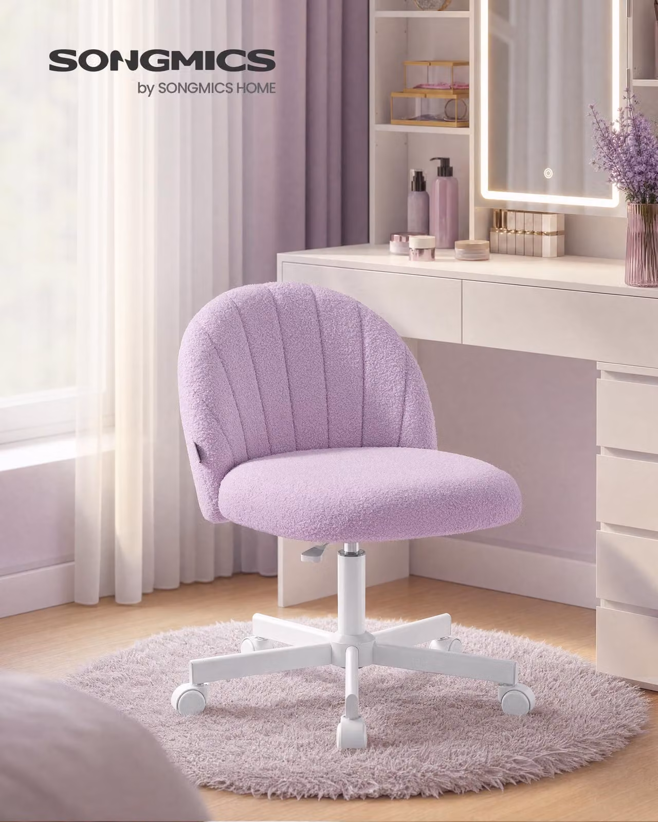 SONGMICS, sedia da trucco, sedia da ufficio, rivestimento in pile effetto peluche, regolabile in altezza, design compatto, colore viola