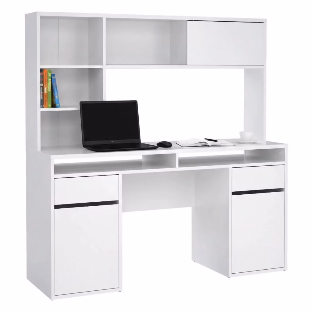 Scrivania DMORA per ufficio e computer, piano di lavoro moderno in MDF bianco lucido, L: 149 cm, P: 48,2 cm, H: 156,2 cm – 2