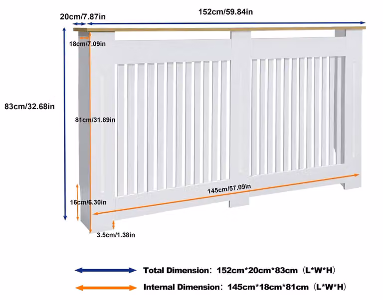 Armadio moderno per radiatori - Copertura decorativa per radiatori con ripiano - Lamelle verticali - Piano di appoggio in MDF - Modello da pavimento - Dimensioni L 152 x P 20 x H 83 cm