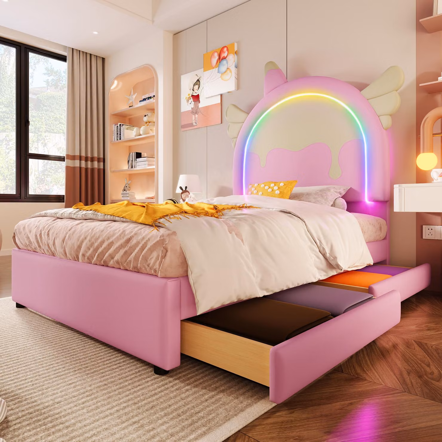 Letto imbottito Merax 90x200 cm, letto per bambini design unicorno con striscia luminosa, 2 cassetti, letto da principessa, letto per ragazzi, per la camera dei bambini, PU, rosa