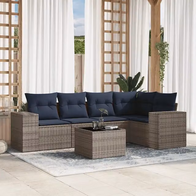 Set da giardino moderno vidaXL a forma di L composto da 6 pezzi con tavolino e cuscini grigi e blu in rattan e metallo