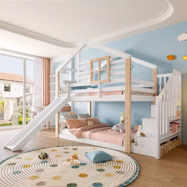 Letto a castello REDOM per bambini in legno bianco con scivolo, scala e scomparti laterali, L/P/H: 200 x 90 x 166 cm
