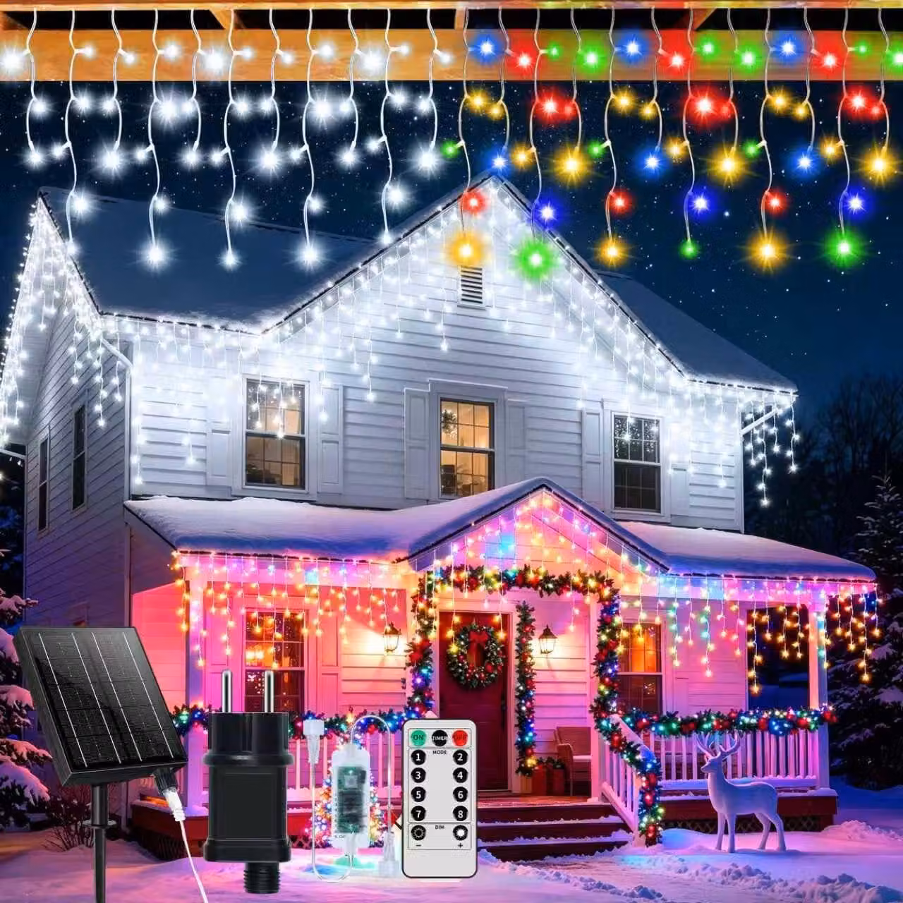 Catena luminosa solare con 600 LED, lunghezza 25+5 metri, impermeabile, bianco e colorata