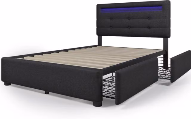 Letto singolo imbottito 90x200 cm con illuminazione LED, 2 cassetti e testiera regolabile grigio