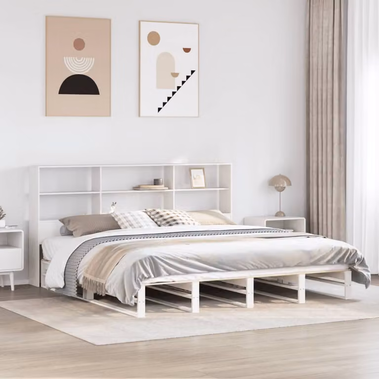 vidaXL Letto Libreria in Legno di Pino Massello con Ripiani Laterali Bianco e Marrone L/P/H: 180 x 200 x 186 cm