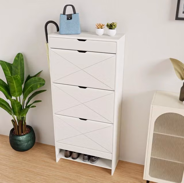 Scarpiera ULEVR 147x43x23 cm bianca con 3 vani a ribalta, cassetto superiore e ripiano estraibile