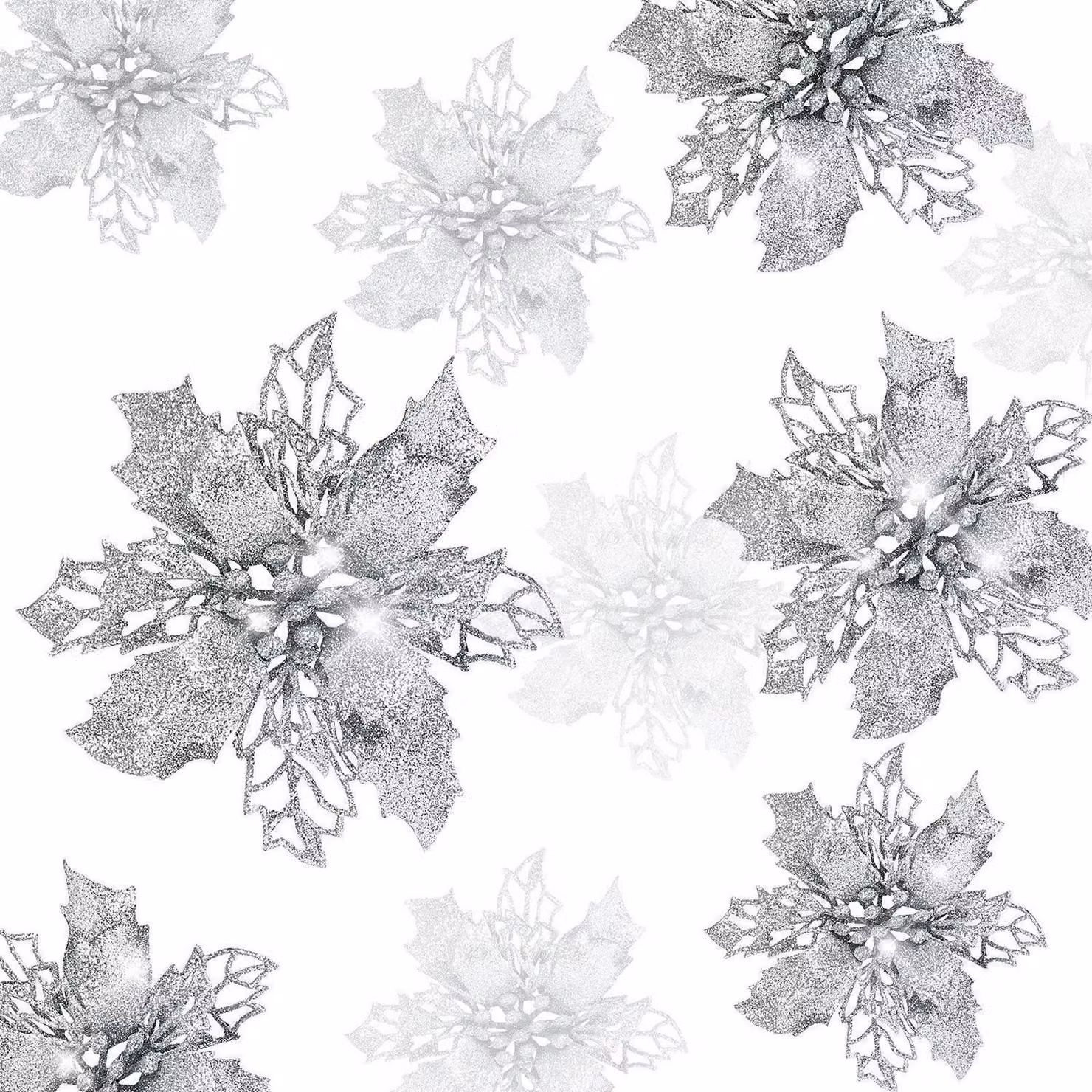 Decorazioni natalizie a forma di fiore, con glitter e color argento, set da 21 pezzi, dimensioni 9/11/16 cm, materiale: plastica