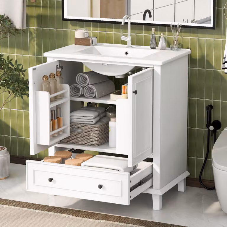 Mobile da bagno a terra Sweiko 76x46x87cm con lavabo, mobile vanity, gambe in legno massiccio, completamente laccato, resistente all'umidità e all'acqua, ampio spazio di archiviazione, lavabo in Vetroceramica integrato, bianco