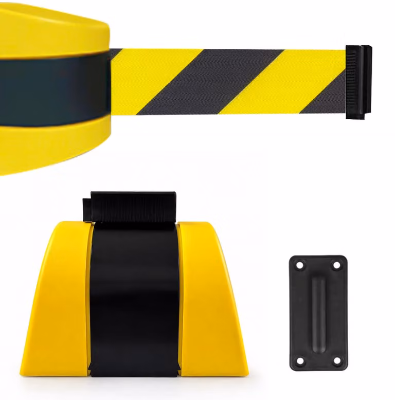 Nastro segnaletico da 5 metri, nero e giallo, con sistema di riavvolgimento automatico, da fissare a parete