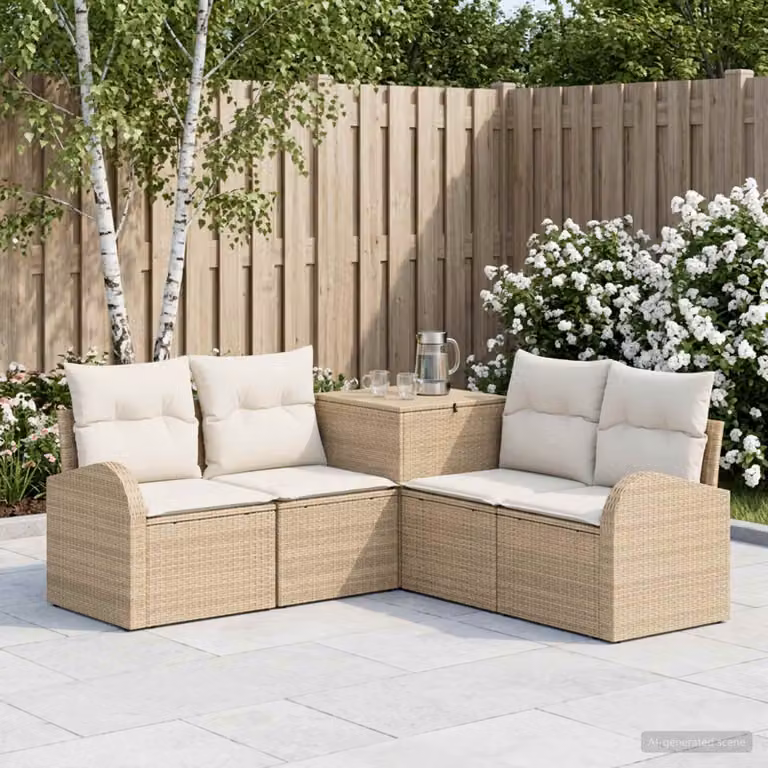 Set di divani da giardino vidaXL a forma di L con cuscini, beige e bianco crema
