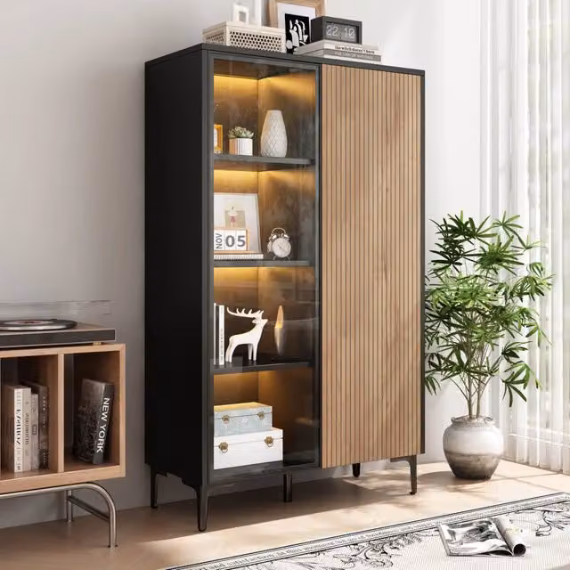 Mobile Vetrina con Ante ¨C Minimal ¨C Nero, Legno MDF, 90x40x135cm