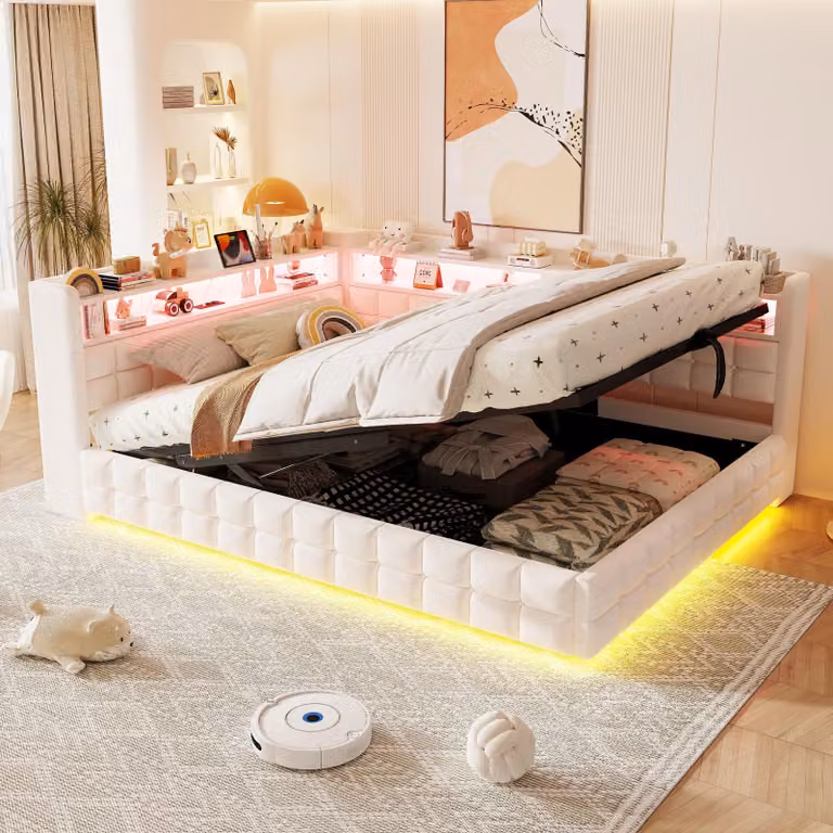 Divano letto idraulico 140x200 cm con spazio contenitore, letto imbottito con rivestimento in ecopelle e funzione cassettiera, divano letto giorno con ripiani, letto contenitore in velluto, color beige