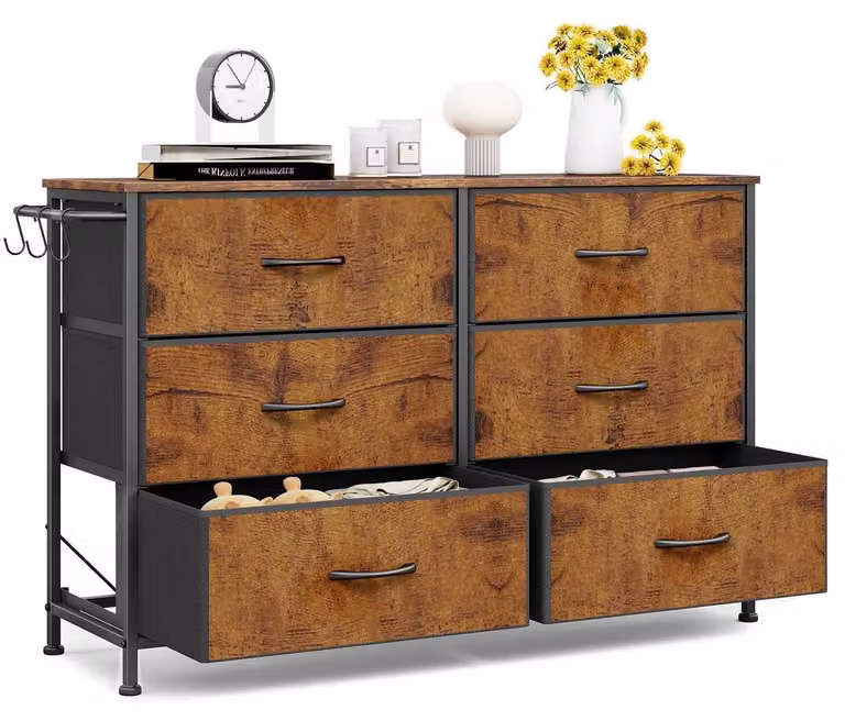 Comodino con 6 cassetti in tessuto, dimensioni 100x30x65 cm, stile rustico, colore marrone