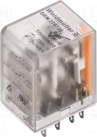 1 relè: elettromeccanico, 4PDT, 5A/250VAC, bobina: 230VAC, 5A, codice prodotto: 7760056104, tipo: elettrico