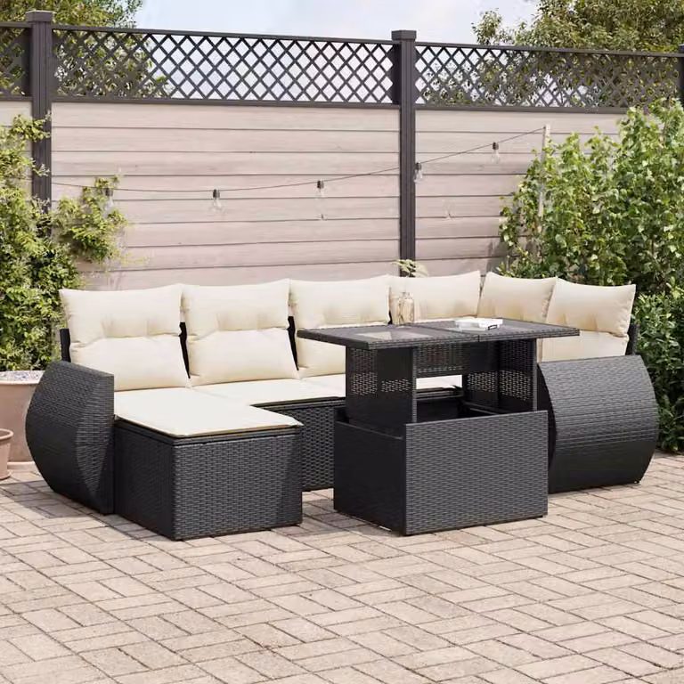 Set Divano da Giardino a L vidaXL con 7 Pezzi, Polyrattan e Cuscini Inclusi, Nero e Bianco