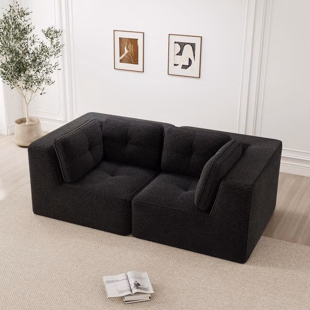 Divano angolare modulare, modello Cord, con due posti, colore nero, senza struttura, imbottito con schiuma 32D e profondità di seduta di 74 cm, ideale per il soggiorno, dimensioni 208x104x69 cm
