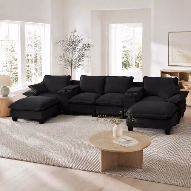 Divano modulare a U OKWISH in ciniglia nera con vani contenitore, portabicchieri, ricarica USB, 2 pouf e cuscini, L: 392 cm, P: 151 cm, H: 90 cm