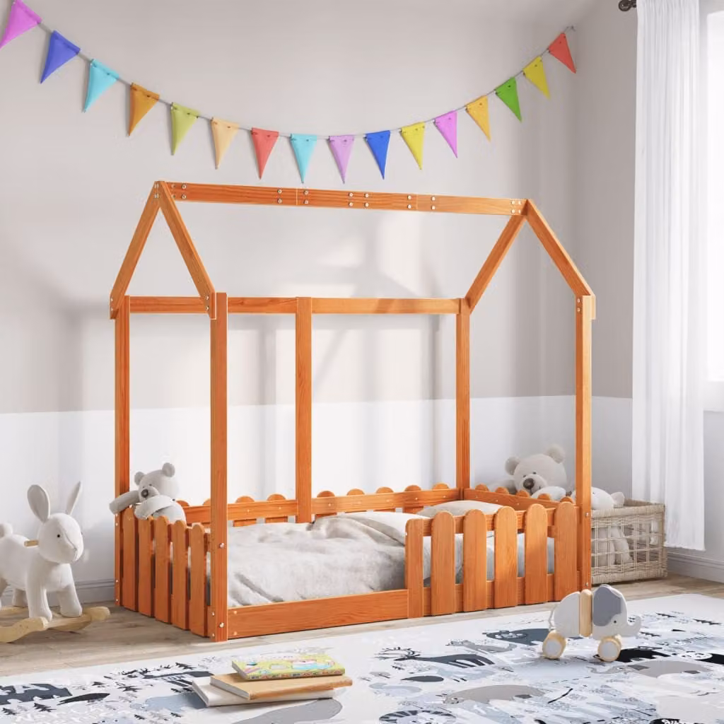 vidaXL Giroletto Casetta per Bambini in Legno di Pino Massello, Colore Marrone Cera, 70 x 140 cm – 1
