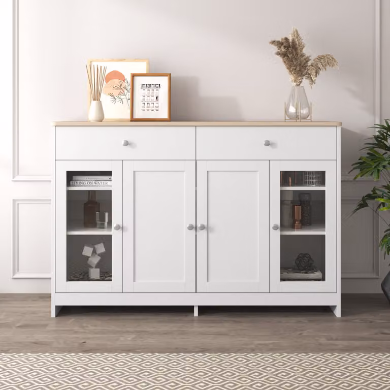 Credenza MODFU con ante e cassetti in vetro temperato, in stile rustico, bianca