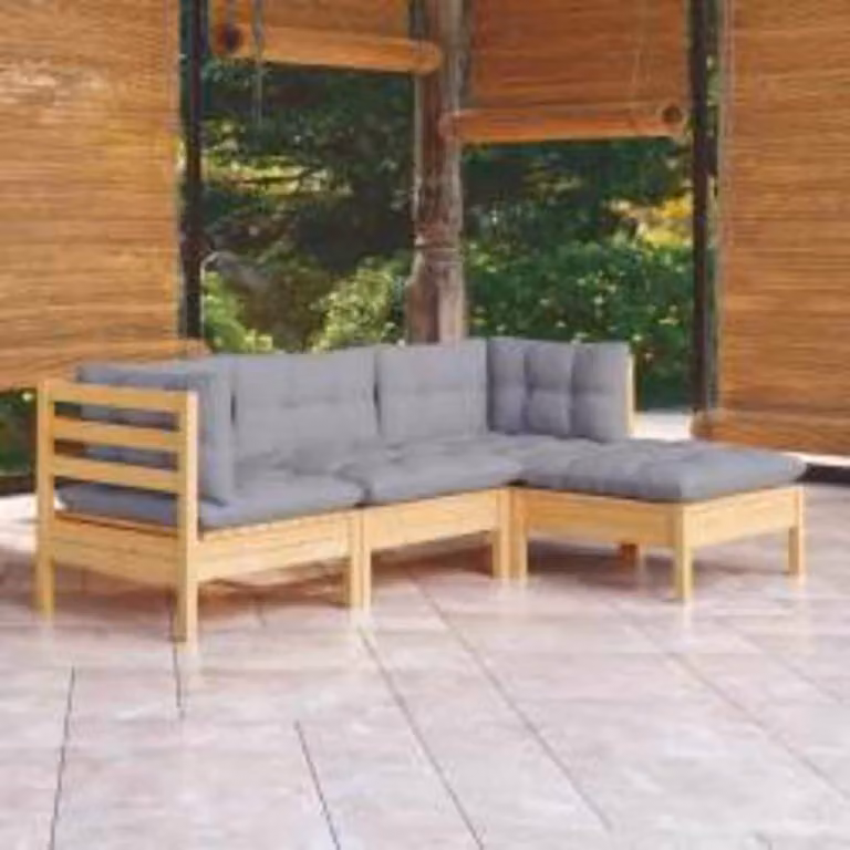Set di divani da giardino vidaXL in legno massello di pino con cuscini grigi, design moderno a L con elemento angolare e pouf, 4 pezzi