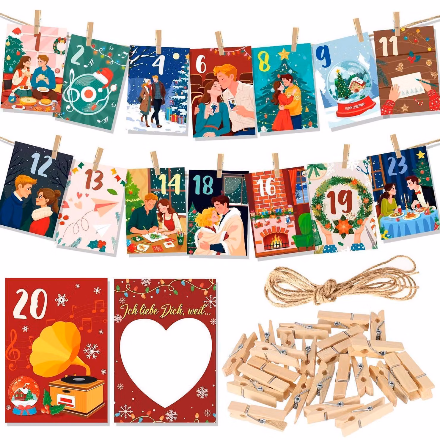 Calendario dell'Avvento per coppie 2026 con 24 bigliettini "Ti amo perché...", mollette di legno e spago