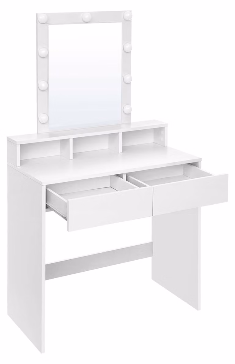 Comò da trucco con illuminazione a LED, specchio, 2 cassetti e 3 ripiani aperti | Bianco | 80x40x145 cm