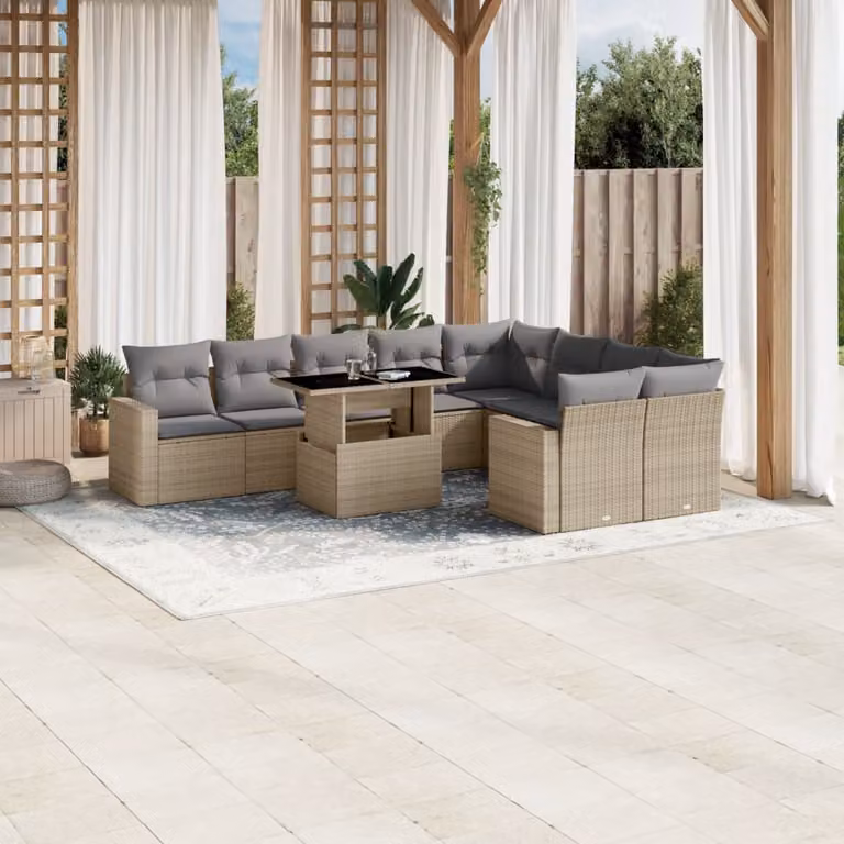 Set Divano da Giardino vidaXL 10 pz a Forma a L con Cuscini Beige e Tavolino, Struttura in Metallo e Polyrattan Resistente ai Raggi UV