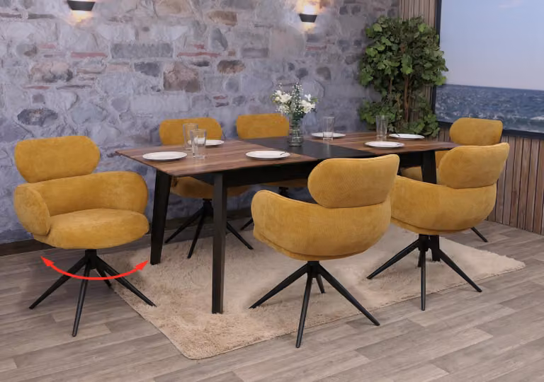 Set di 6 sedie da pranzo HWC-O77, sedia per cucina, girevole con ritorno automatico, rivestita in tessuto chenille (310g/m²), colore giallo senape