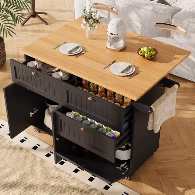 Isola cucina moderna WISHDOR in MDF nero con ruote e piano decorativo L/P/H: 133.0 x 40.55 x 88.0 cm