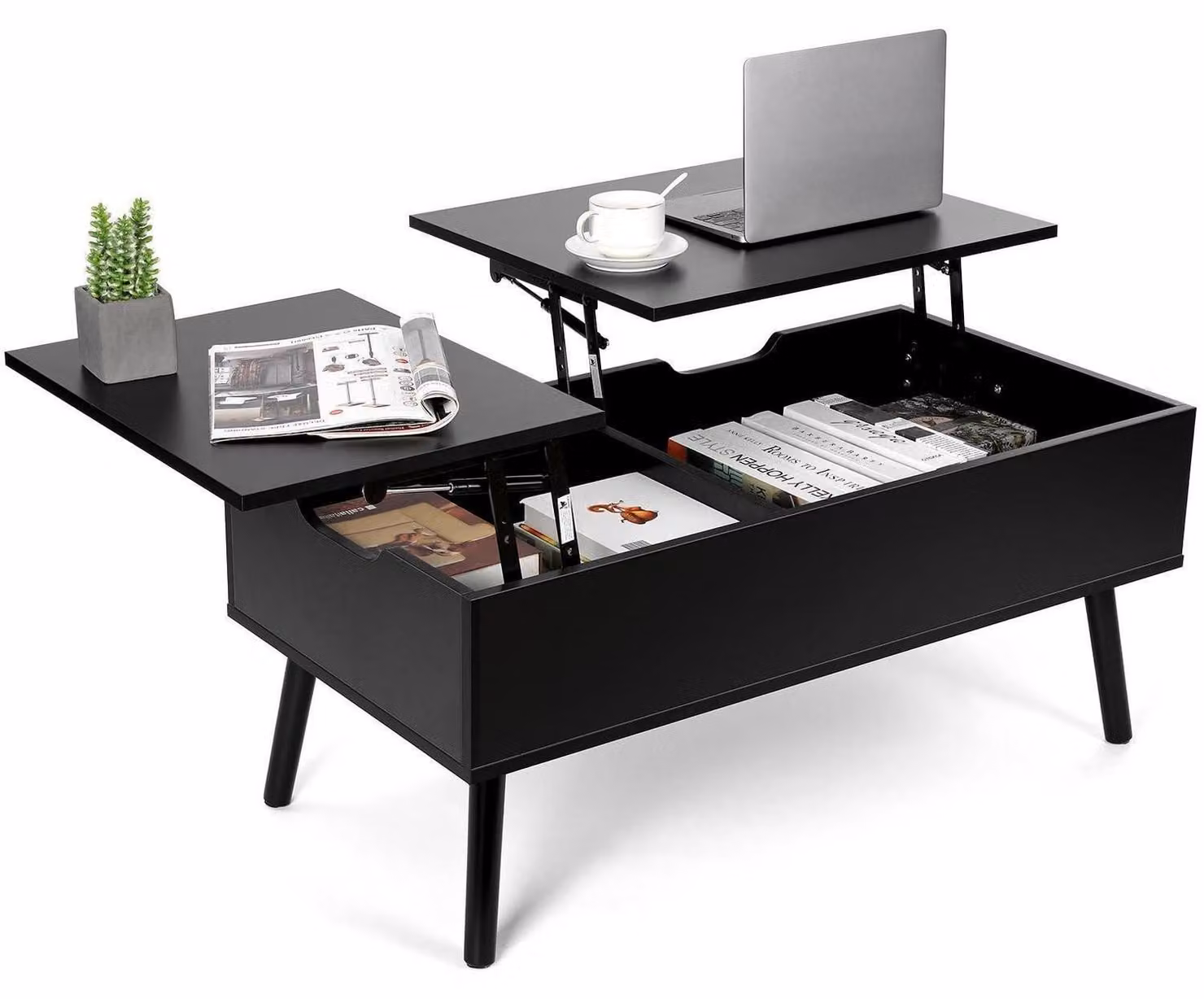 Tavolino da divano, altezza regolabile, nero, MDF e legno massello, dimensioni 100,5 x 50,5 x 43,5 cm