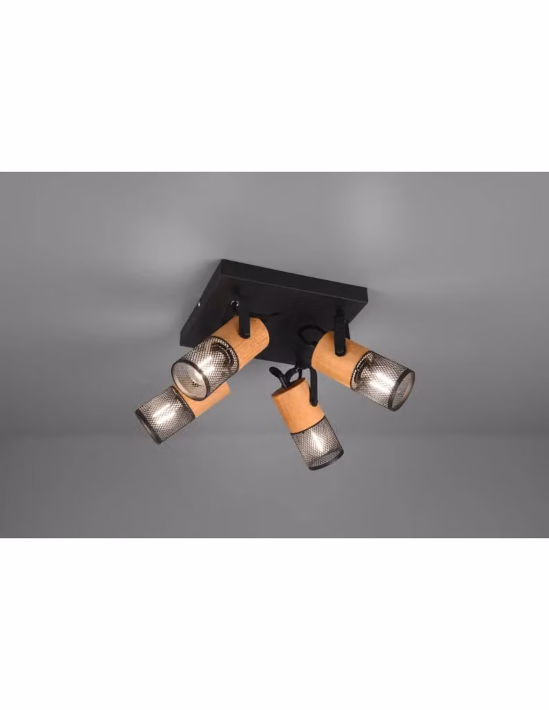 Plafoniera Tosh Trio Leuchten in metallo e legno nero con 4 faretti E14 orientabili, L 22 cm x P 22 cm – 2