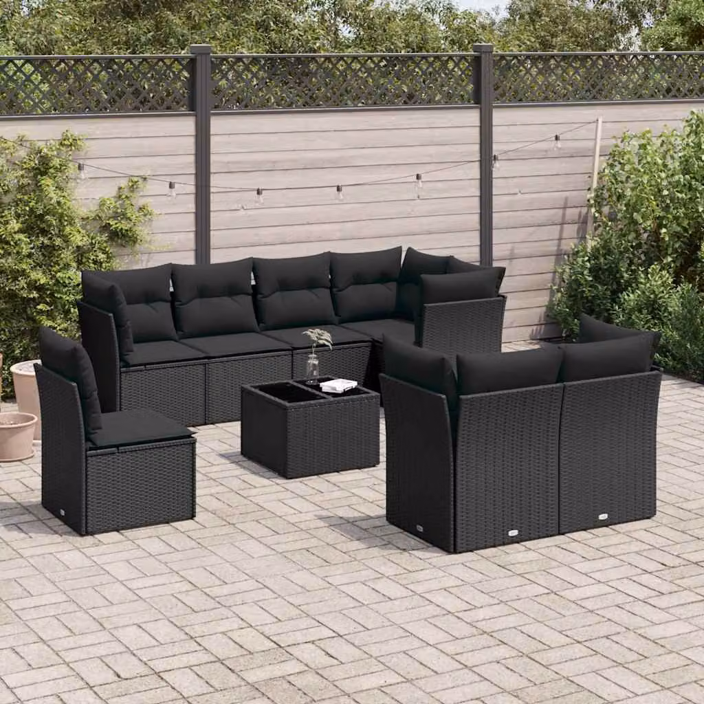 vidaXL Set Divani da Giardino 9 pz in Polyrattan Nero con Cuscini e Tavolino – 1