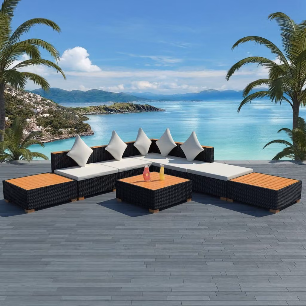 The Living Store Set salotto da giardino 8 pezzi con cuscini in poly rattan nero