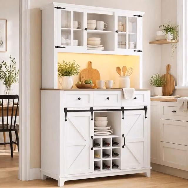 Armadio da cucina REDOM bianco con ante in vetro, illuminazione integrata e portabottiglie, L 105 cm x P 38,4 cm x H 180 cm