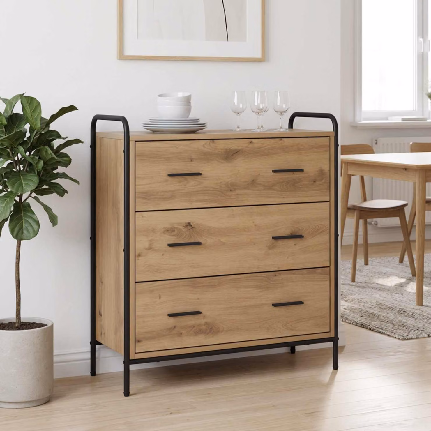 Credenza moderna vidaXL in rovere e metallo, colore marrone, L: 97 cm, P: 33 cm, H: 81 cm