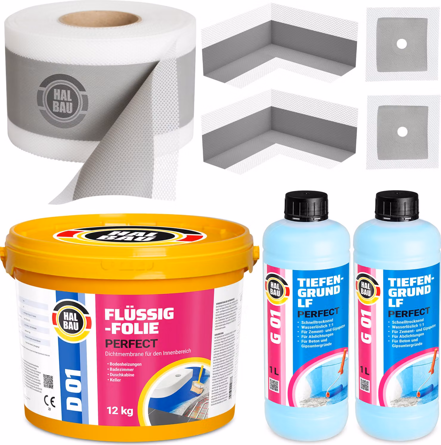 Kit di sigillatura: membrana liquida da 12 kg, nastro sigillante da 10 metri, angolari di sigillatura, primer per superfici porose, H29