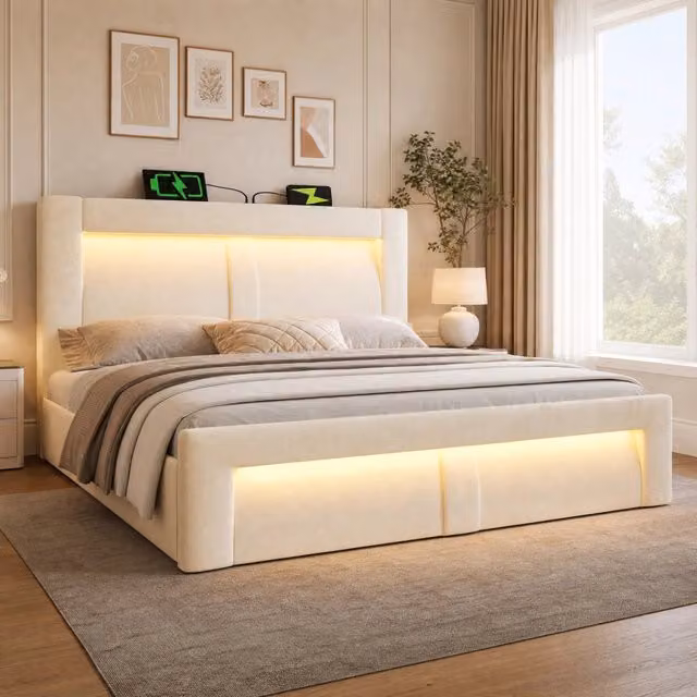 Letto 140x200 cm con contenitore; LED e ricarica USB-C in velluto beige