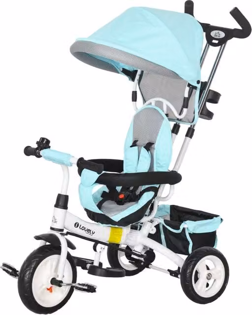Triciclo 6-in-1 Verde per Bambini 1-5 Anni, con Maniglia Spinta, Tetto Parasole Rimovibile, Cintura di Sicurezza a 5 Punti, Cesto e Portabibite