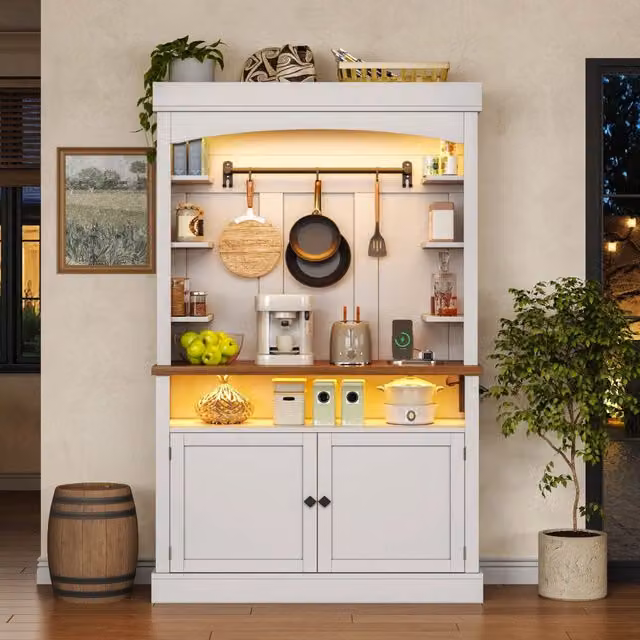 Armadio da cucina 183 cm con illuminazione LED e presa, dispensa, vetrina e cantinetta con ganci per cucina, sala da pranzo, studio e camera