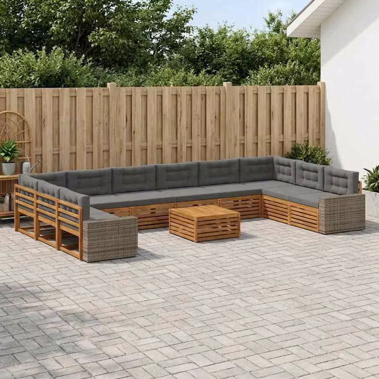 Set di divani da giardino vidaXL in legno di acacia massello con cuscini, 11 pezzi, marrone e grigio